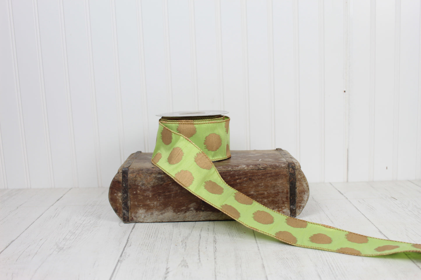 2.5”x10yd Gold Ikat Apple Green