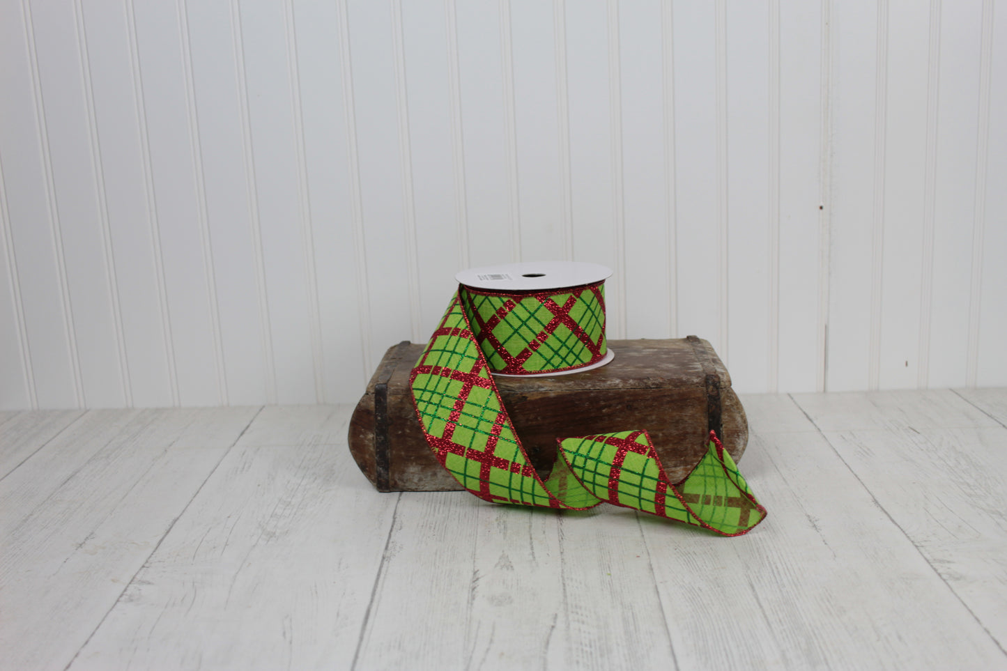 2.5”x10yds Diagonal Plaid Ribbon Lime/Red/Emerald