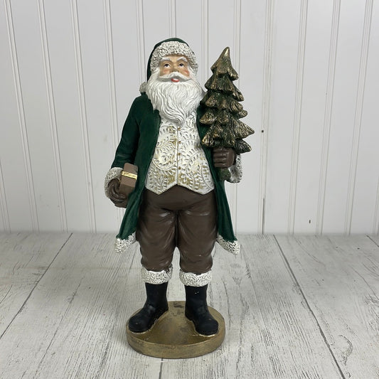 13" Resin Santa w/ Flocked Coat & Tree