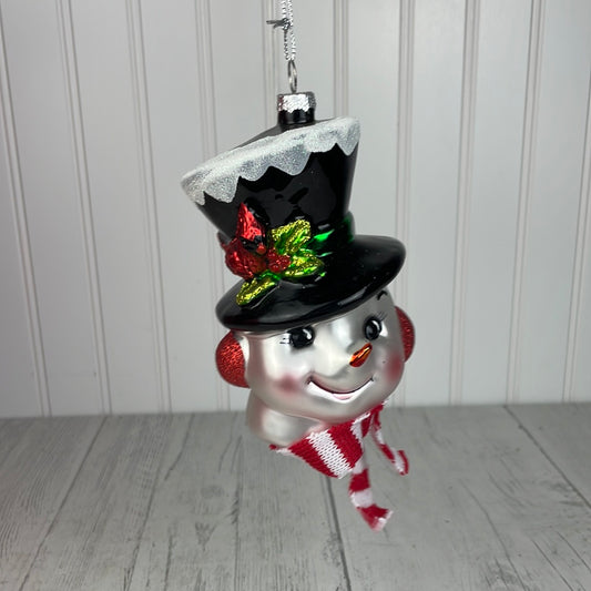 5.5" Glass Snowman Head W/ Cardinal Ornament