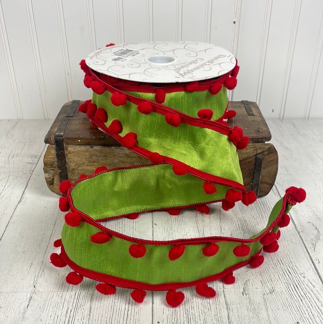 Fancy Christmas Green Ribbon w/ Red Pom pom Edge 2.5" x 10yds