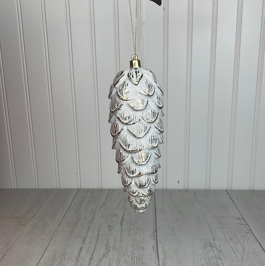 8'' PLASTIC PINE CONE ORN. WHITE W/ METALLIC GOLD FINISH