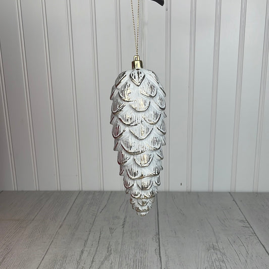 8'' PLASTIC PINE CONE ORN. WHITE W/ METALLIC GOLD FINISH