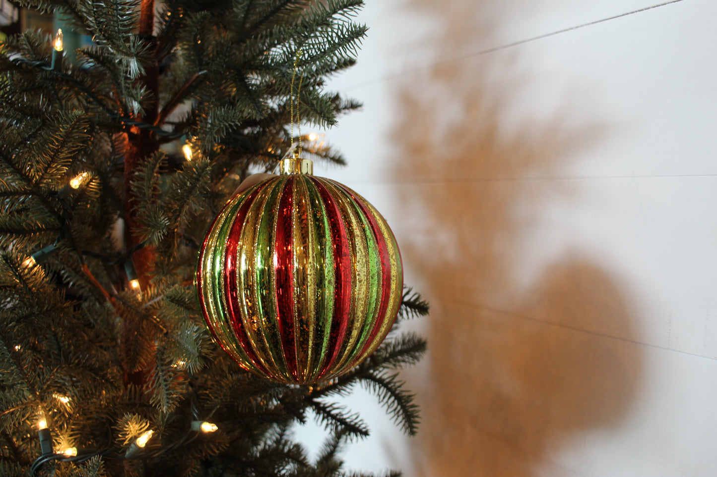 Stripe Mercury Ball Ornament Red, Green, Gold