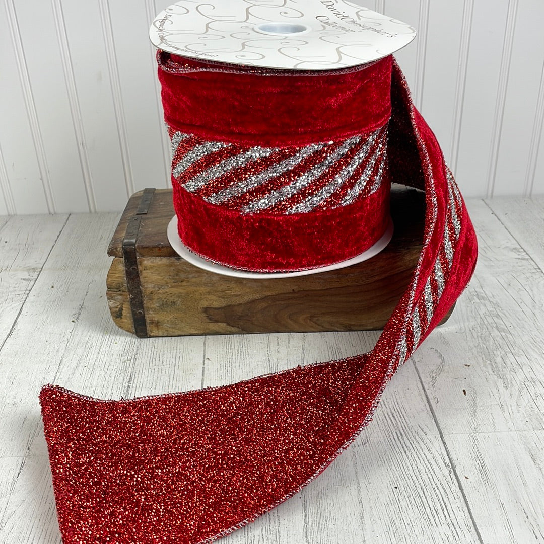 Red Velvet Ribbon with Red/Silver Stripe Tinsel Center and Red Tinsel Backing 6" x 10yds