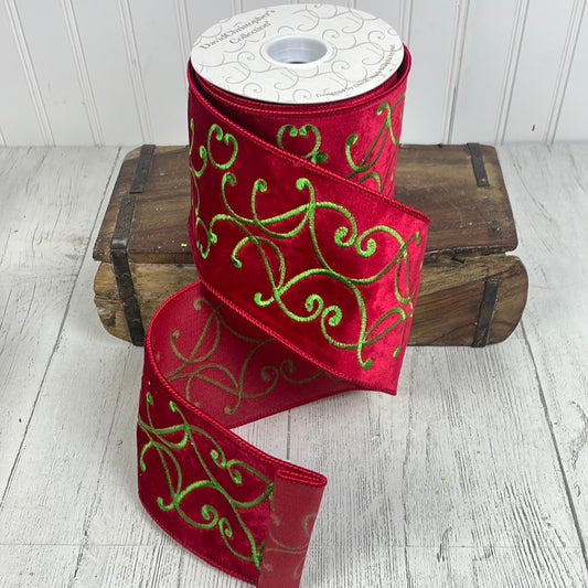 Elegant Red Velvet Ribbon W/ Royal Green Embroidery W/ Red Edge 4"x10yds