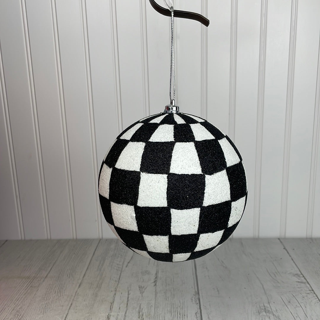 6" Checkered Glitter Ball Ornament Black/White