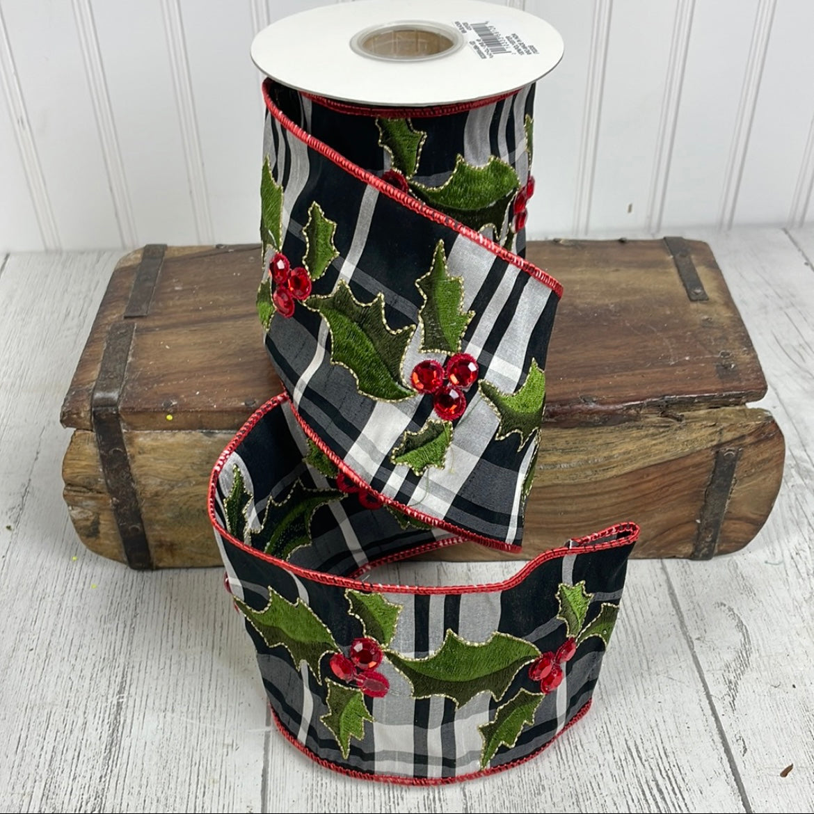 Black and White Check Ribbon w/ Embroidered Green and Red Holly Berry Vine Ribbon 4x5yds