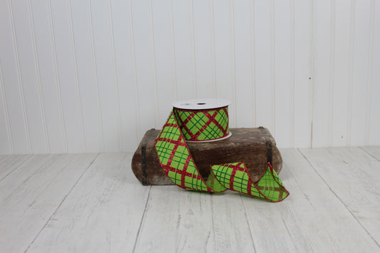 2.5”x10yds Diagonal Plaid Ribbon Lime/Red/Emerald